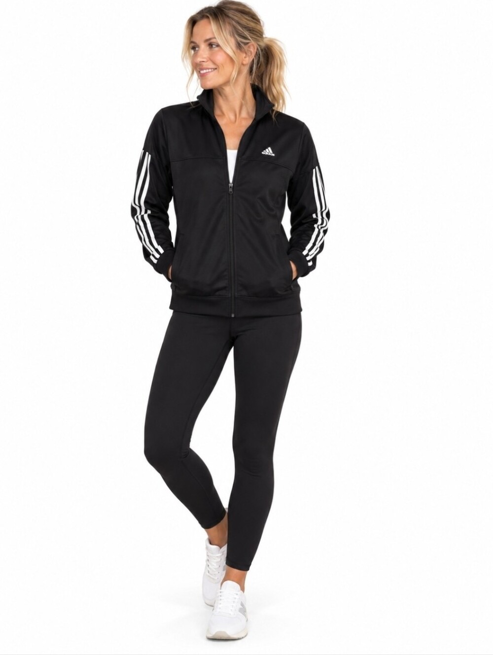 Adidas Women's Late 2000s Black Performance Track Jacket with White Stripes, L